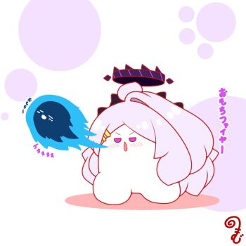  :d blue_archive blue_fire blush breath_weapon breathing_fire chestnut_mouth chibi closed_eyes colored_shadow commentary_request fire fireball grey_hair halo highres hina_(blue_archive) horns kurukurumagical long_hair open_mouth parted_bangs parted_lips purple_eyes shadow simple_background single_hair_intake smile standing translation_request v-shaped_eyebrows very_long_hair white_background 