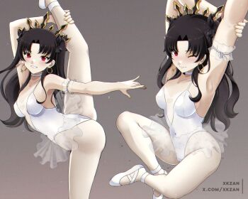  1girl armpits artist_name ballerina ballet ballet_slippers black_hair breasts commentary commentary_request earrings english_commentary fate/grand_order fate_(series) grey_background ishtar_(fate) jewelry leotard long_hair looking_at_viewer mixed-language_commentary multiple_views one_eye_closed red_eyes simple_background sitting small_breasts smile split standing standing_on_one_leg standing_split stretching tiara tutu twintails very_long_hair white_leotard xkzan 