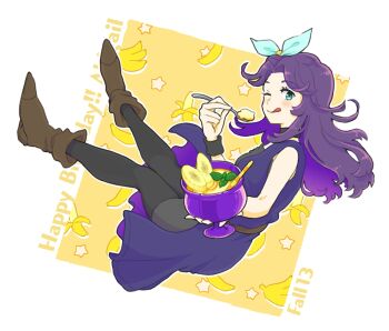  1girl :q abigail_(stardew_valley) banana banana_slice belt black_choker black_pantyhose blue_dress blue_eyes blue_ribbon boots breasts brown_belt brown_boots character_name choker closed_mouth commentary_request curtained_hair dress drink food from_side fruit full_body hair_ribbon happy_birthday holding holding_spoon maruo_(ciao15) medium_breasts one_eye_closed pantyhose purple_hair ribbon sleeveless sleeveless_dress smile solo spoon stardew_valley tongue tongue_out two-sided_dress two-sided_fabric 