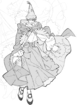  1boy bags_under_eyes boots cloak closed_mouth facial_hair full_body goatee greyscale hair_between_eyes hat_tassel highres jaysoysaucee long_sleeves male_focus mature_male monochrome mustache olruggio_(tongari_boushi_no_atelier) puffy_long_sleeves puffy_sleeves robe shirt short_hair solo tongari_boushi_no_atelier white_boots white_shirt 