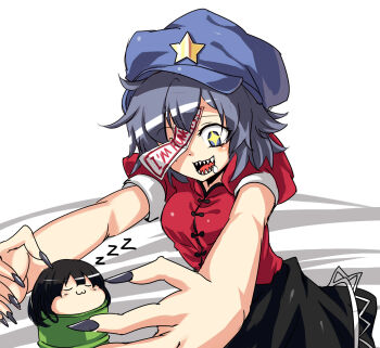  +_+ 2girls :3 black_hair black_skirt blue_eyes blue_hat blush chinese_commentary commentary_request cowboy_shot cup english_text expressive_clothes fingernails grey_hair grey_nails hat hat_ornament highres houraisan_kaguya jiangshi koissa miyako_yoshika multiple_girls newsboy_cap ofuda ofuda_over_one_eye open_mouth outstretched_arms red_shirt sharp_teeth shirt short_hair short_sleeves skirt smile star_(symbol) star_hat_ornament teeth teruyof touhou white_background yunomi zombie_pose zzz 