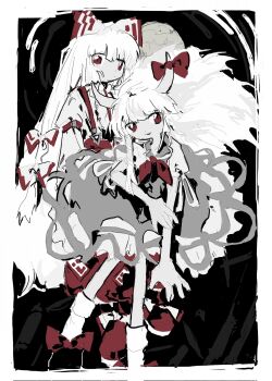  2girls bamboo bamboo_forest behind_another border dark_background ex-keine expressionless forest fujiwara_no_mokou full_body full_moon highres horns imperishable_night kamishirasawa_keine leaning_forward looking_at_viewer moon multiple_girls nature night smile spot_color standing standing_on_one_leg touhou white_border wngtlov 