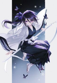  1girl absurdres animal black_kimono bleach bow brown_sandals bug butterfly closed_mouth commentary_request full_body g_ieep hair_between_eyes hair_bow highres holding holding_sword holding_weapon insect japanese_clothes katana kimono kuchiki_rukia long_hair long_sleeves looking_at_viewer purple_bow purple_eyes purple_hair sandals smile socks solo sword weapon white_socks wide_sleeves 