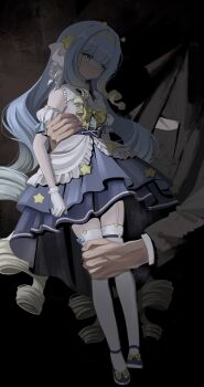 1girl arm_garter artist_name artist_request black_suit blonde_hair blue_bow blue_dress blue_eyes blue_hair bow closed_mouth dress formal_clothes garter_straps gloves gradient_hair hair_ornament hairband highres jelly_hoshiumi jelly_hoshiumi_(1st_costume) long_hair multicolored_hair phase_connect ribbon shoes star_(symbol) star_hair_ornament star_in_eye star_o-ring suit symbol_in_eye thighhighs virtual_youtuber white_garter_straps white_gloves white_ribbon white_thighhighs yellow_bow yellow_hairband