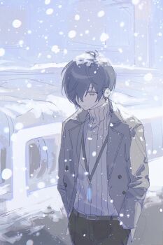  1boy absurdres antenna_hair belt blue_hair blush brown_belt brown_pants clar_sona closed_mouth cowboy_shot digital_walkman earphones frown grey_eyes grey_jacket hair_over_one_eye hands_in_pockets highres jacket looking_down male_focus mp3_player one_eye_covered open_clothes open_jacket outdoors pants persona persona_3 railing ribbed_sweater short_hair snow snowing solo sweater turtleneck turtleneck_sweater walking walkman_nw-s203f white_sweater winter winter_clothes yuuki_makoto_(persona_3) 