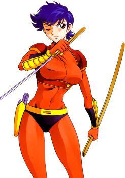  abashiri_kikunosuke belt blue_hair bodysuit highres holster katana mazinger_(series) mazinger_angels official_art one_eye_closed red_bodysuit sword transparent_background weapon wink yellow_eyes 