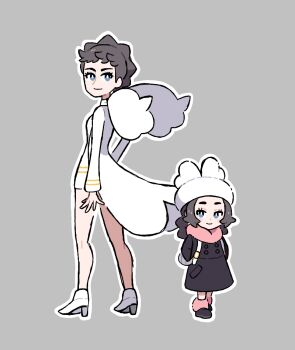 2girls ansha_(pokemon) backpack bag blue_eyes bright_pupils ddder diantha_(pokemon) full_body grey_background hat high_heels jacket mother_and_daughter multiple_girls nintendo outline pokemon pokemon_legends:_z-a pokemon_xy scarf smile standing