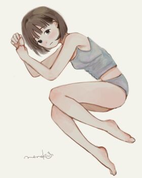  1girl barefoot bob_cut brown_hair closed_mouth dated_commentary fetal_position full_body grey_eyes grey_panties grey_tank_top hands_up highres looking_at_viewer lying nena_labo no_pants on_side original panties short_hair signature simple_background solo tank_top underwear white_background 