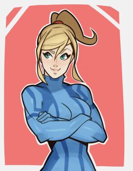  1girl blonde_hair blue_eyes bodysuit breasts crossed_arms female_focus long_hair looking_at_viewer metroid nintendo ponytail samus_aran simple_background smile solo splashbrush zero_suit  rating:Sensitive score:33 user:danbooru