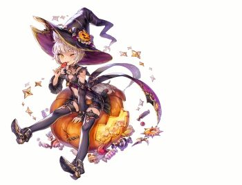  1girl ;3 animal_ears artist_request bare_shoulders between_legs black_hat black_shirt black_shorts black_thighhighs boots candy candy_wrapper cat_ears cat_girl cat_tail center_opening commentary commentary_request detached_sleeves english_commentary food full_body halloween hat holding holding_candy holding_food holding_lollipop jack-o'-lantern king's_raid korean_commentary lollipop long_sleeves looking_at_viewer mixed-language_commentary official_art one_eye_closed pumpkin requina second-party_source shirt short_hair short_shorts shorts simple_background sitting smile solo stomach swirl_lollipop tail thighhighs tongue tongue_out white_background white_hair witch witch_hat yellow_eyes 