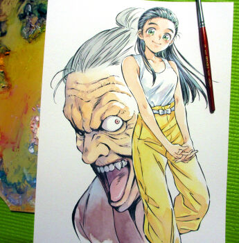  2girls agahari age_comparison art_brush art_tools_in_frame baggy_pants bare_arms belt black_hair breasts closed_mouth commentary_request cropped_shoulders dual_persona gouketsuji_ichizoku gouketsuji_otane green_eyes grey_hair hair_bun hair_slicked_back interlocked_fingers japanese_clothes kimono long_hair looking_at_viewer medium_breasts multiple_girls no_eyebrows nose old old_woman open_mouth own_hands_together paintbrush painting_(medium) pants photo_(medium) purple_kimono realistic_teeth red_eyes short_hair smile standing standing_on_one_leg tank_top teeth tongue traditional_media upper_teeth_only white_belt white_tank_top wrinkled_skin yellow_pants 