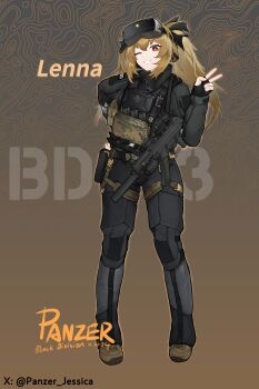  1girl absurdres belt belt_pouch black_gloves boots brown_hair combat_boots escape_from_tarkov fingerless_gloves girls'_frontline girls'_frontline_2:_exilium gloves goggles goggles_on_head gun h&amp;k_ump hair_between_eyes hand_up headset highres lenna_(girls'_frontline_2) load_bearing_vest long_hair long_sleeves looking_at_viewer magazine_(weapon) one_eye_closed open_mouth panzi_panzer pouch red_eyes smile solo submachine_gun suppressor tactical_clothes teeth twintails ump9_(girls'_frontline) v weapon yellow_pupils 