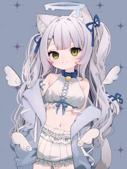  1girl animal_collar animal_ears arm_at_side bare_shoulders bell blue_background blue_halo blue_hoodie blue_ribbon blunt_bangs breasts brm_1925 cat_ears cat_girl cat_tail closed_mouth collar commission cowboy_shot green_eyes hair_ribbon halo halterneck hand_on_own_hip highres hood hood_down hoodie indie_virtual_youtuber jingle_bell light_smile long_hair looking_at_viewer maten_matyu melting_halo midriff mini_wings muted_color navel neck_bell off_shoulder open_clothes open_hoodie pale_skin petite puffy_shorts ribbon second-party_source shirt shorts small_breasts solo sparkle_background split_mouth standing tail tail_ornament tail_ribbon two_side_up very_long_hair white_shirt white_shorts wings 