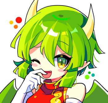  1girl blush china_dress chinese_clothes commentary draco_centauros dragon_girl dragon_horns dragon_wings dress elbow_gloves fang gloves green_hair hair_between_eyes highres horns korean_commentary looking_at_viewer offbeat one_eye_closed open_mouth pointy_ears puyopuyo red_dress short_hair sleeveless sleeveless_dress smile solo tongue upper_body white_gloves wings yellow_eyes 