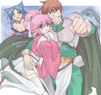  1boy 2girls animal_ears armor atyakodayo1 bell blue_eyes blue_hair breasts brown_eyes brown_hair cape cat_ears choker cleavage commentary_request fang hanny highres japanese_clothes kimono looking_at_viewer medium_breasts multiple_girls neck_bell open_mouth rance rance_(series) sengoku_rance sill_plain skirt smile suzume_(rance) thighhighs 