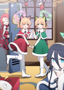  absurdres aris_(blue_archive) black_hair black_pantyhose blonde_hair blue_archive blue_eyes blue_halo boots closed_eyes commentary_request green_eyes green_halo hagoonha hair_between_eyes halo highres korean_commentary long_hair_between_eyes midori_(blue_archive) momoi_(blue_archive) official_art one_eye_closed orange_halo pantyhose peroro_(blue_archive) pink_eyes pink_halo red_hair santa_costume white_boots white_pantyhose yuzu_(blue_archive)  rating:Sensitive score:3 user:danbooru