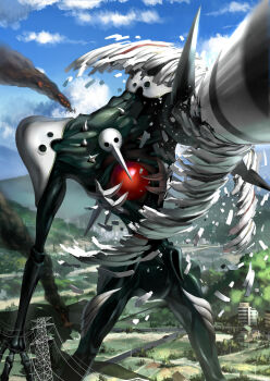  absurdres angel_(evangelion) building cloud day highres neon_genesis_evangelion no_humans otaku_(artist) power_lines sachiel_(evangelion) sky smoke transmission_tower 