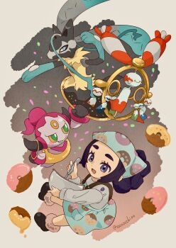  1girl 1other absurdres animal_ears ansha_(pokemon) apron black_fur black_hair blue_eyes blue_fur blue_headscarf blush body_fur bowl chimecho closed_mouth colored_sclera donut eyelashes food furry gen_3_pokemon gen_6_pokemon green_eyes grey_shirt grin headscarf highres holding holding_bowl hoopa hoopa_(confined) horns legendary_pokemon long_hair long_sleeves mega_chimecho mega_lucario_z mega_pokemon mixing mixing_bowl multicolored_fur mythical_pokemon nintendo open_mouth pokemon pokemon_(creature) pokemon_legends:_z-a shirt smile tail teeth wind_chime yellow_eyes yellow_fur yellow_sclera zozozoshion 