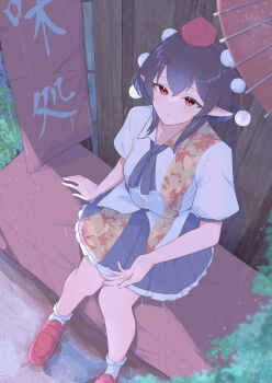  1girl absurdres black_hair black_ribbon black_skirt collared_shirt commentary_request frilled_skirt frills hat highres leaf_print maple_leaf_print pointy_ears pom_pom_(clothes) puffy_short_sleeves puffy_sleeves rain red_eyes red_hat red_shoes ribbon seele_(chanseele0128) shameimaru_aya shirt shoes short_sleeves sitting skirt solo tokin_hat touhou umbrella white_shirt 