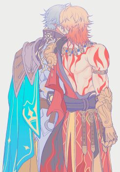  2boys antenna_hair arm_tattoo armlet armor back_tattoo black_choker black_coat black_shirt blonde_hair blue_cape cape choker clawed_gauntlets coat commentary earrings from_behind gold_earrings gold_necklace gradient_hair hand_on_another's_waist highres honkai:_star_rail honkai_(series) jewelry kiss lii_litus male_focus medium_hair multicolored_hair multiple_boys mydei_(honkai:_star_rail) necklace open_clothes open_coat pauldrons phainon_(honkai:_star_rail) red_cape red_hair red_tattoo shirt short_hair shoulder_armor side_cape single_pauldron tattoo white_coat white_hair yaoi 