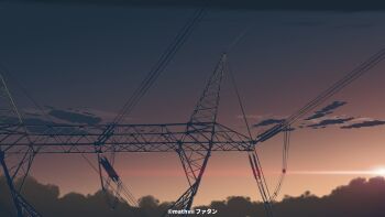  artist_name byousoku_5_centimeter cloud commentary gradient_sky highres mathvii no_humans outdoors power_lines scenery sky sunset transmission_tower twilight 