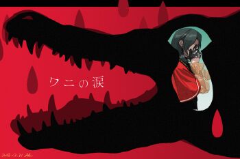  1girl alligator ash011023 bang_dream! bang_dream!_it's_mygo!!!!! black_gloves black_hair capelet chinese_commentary commentary_request crocodilian dated earrings gloves jewelry long_hair red_background red_capelet see-through_clothes see-through_sleeves simple_background solo timoris_(bang_dream!) translated yahata_umiri 