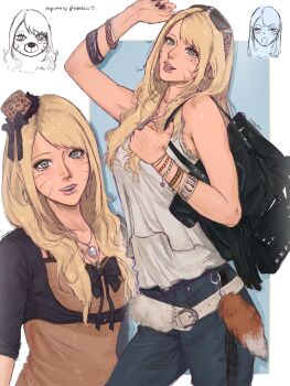  1girl bag black_bow black_hairband bleeehrghw blonde_hair blue_eyes blue_pants bow bracelet breasts camisole commentary denim earrings english_commentary eyewear_lift face_piercing facial_mark frilled_camisole frills hairband handbag hat highres holding holding_bag hoop_earrings jeans jewelry makeup medium_breasts mini_hat multiple_bracelets multiple_girls naruko_(naruto) naruto_(classic) naruto_(series) open_mouth pants piercing signature sunglasses tongue whisker_markings white_camisole wristband 