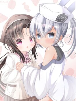  2girls apron bandana black_hair brown_bandana commentary_request dace_(kancolle) dark-skinned_female dark_skin dixie_cup_hat grey_eyes grey_hair hat headgear holding_hands kantai_collection kappougi long_hair military_hat multiple_girls nankai_(kancolle) nosaki_(kancolle) red_eyes shirt side_ponytail uraguchi_hiiro white_shirt 