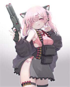  1girl absurdres ammunition animal_ears cat_ears commentary_request double-barreled_shotgun fake_animal_ears gun highres holding holding_gun holding_weapon load_bearing_vest medium_hair one_eye_covered oota_youjo original pink_eyes pink_hair pouch sawed-off_shotgun short_twintails shotgun shotgun_shell solo thigh_strap twintails weapon 