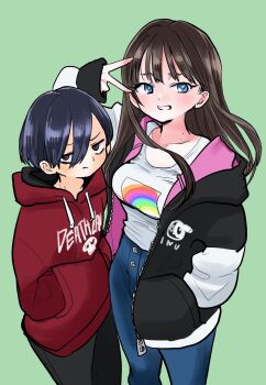  1boy 1girl alternate_color black_hair blue_eyes boku_no_kokoro_no_yabai_yatsu breasts brown_eyes brown_hair clothes_writing gloom_(expression) grin hand_in_pocket hands_in_pockets high-waist_pants highres hood hoodie ichikawa_kyoutarou long_hair medium_breasts palette_swap pants parted_bangs sakurai_norio shirt short_hair smile t-shirt tagme unzipped v yamada_anna  rating:General score:13 user:GAnonymous