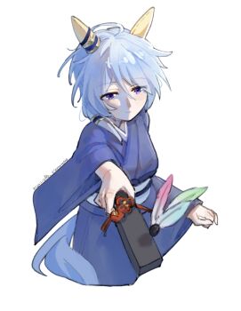  1girl animal_ears blue_eyes blue_hair blue_kimono blush breasts closed_mouth commentary_request ear_covers hagoita hair_between_eyes hane_(hanetsuki) hanetsuki highres holding holding_paddle horse_ears horse_girl horse_tail japanese_clothes k.s.miracle_(umamusume) kimono long_sleeves obi paddle saramiao-chan sash short_hair simple_background solo tail umamusume white_background wide_sleeves 