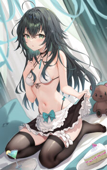  1girl absurdres ahoge apron bikini black_thighhighs bow cake chinese_commentary cocktail_glass collar commentary_request cup drinking_glass food frilled_thigh_strap front-tie_bikini_top front-tie_top frown gakuen_idolmaster green_eyes green_hair highres idolmaster long_hair maid maid_bikini navel no_shoes open_mouth pillow pu_ht ribbon solo swimsuit thigh_strap thighhighs tray tsukimura_temari unconventional_maid waist_apron white_bikini 