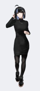  1girl absurdres adidas ahoge black_hair black_nails black_pantyhose blue_hair brown_eyes cross cross_earrings dress earrings hair_ornament highres irene_(kanniiepan) jewelry kanniiepan medium_hair mole mole_under_eye multicolored_hair original pantyhose revision shoes sneakers solo taut_clothes taut_dress two-tone_hair  rating:General score:10 user:danbooru