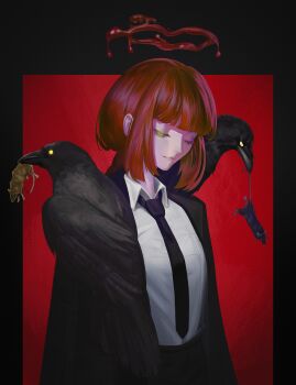  1girl animal animal_on_shoulder bird bird_on_shoulder black_jacket blood blood_drip blood_halo blunt_bangs captured chainsaw_man closed_eyes commentary_request crow dangling glowing glowing_eyes halo highres jacket liquid_halo makima_(chainsaw_man) mouse_(animal) necktie red_hair shirt the_antin white_shirt 