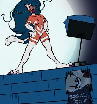 1girl animal_ears bare_shoulders black_fur blue_hair breasts cat cat_ears cat_girl cat_tail chakkrx crossover dark-skinned_female dark_skin darkstalkers felicia_(darkstalkers) long_hair looney_tunes medium_breasts moon night night_sky sky sleeveless sylvester_(looney_tunes) tail tongue very_long_hair