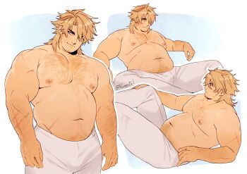  1boy absurdres alternate_body_size antenna_hair arm_hair big_belly blonde_hair blue_eyes chest_hair closed_mouth commentary fat fat_man from_side genshin_impact hair_over_one_eye head_tilt highres leaning_back male_focus navel nifast_(greentail) no_shirt pants smirk solo standing stomach untranslatable_commentary upper_body varka_(genshin_impact) white_pants 