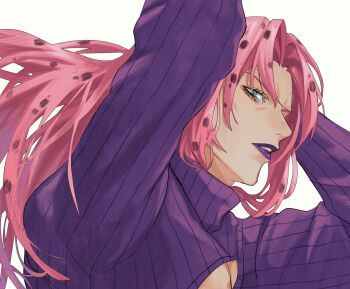  1boy arms_up cleavage_cutout clothing_cutout diavolo eyelashes green_eyes highres jojo_no_kimyou_na_bouken lipstick long_hair long_sleeves makeup male_focus parted_lips patterned_hair pink_hair purple_lips purple_shirt rr9pt76u5phwgqx shirt simple_background solo turtleneck vento_aureo white_background 