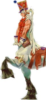 1girl absurdly_long_hair blue_eyes bow bowtie breasts centaur commentary english_commentary from_side gloves gold_ship_(red_strife)_(umamusume) gold_ship_(umamusume) hat highres hooves horse_girl leg_up long_hair muscular muscular_female profile red_bow red_bowtie red_hat shirt simple_background sleeveless sleeveless_shirt small_breasts smile solo sssantine taur umamusume very_long_hair white_background white_gloves white_hair  rating:General score:2 user:danbooru