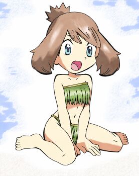  1girl absurdres amayzing2002 bikini blue_eyes brown_hair fang hand_on_ground highres leaf_bikini may_(pokemon) nintendo nude on_ground open_mouth pokemon pokemon_adventures short_hair simple_background solo swimsuit 