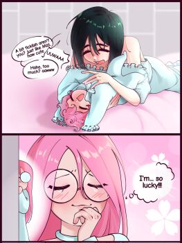  1other 2girls alien_stage baby black_hair closed_eyes commentary corrupted_twitter_file dress english_commentary english_text glasses highres mizi_(alien_stage) mother_and_child multiple_girls pink_hair round_eyewear speech_bubble sua_(alien_stage) thought_bubble tickling white_dress z0ri0n_daizzz 