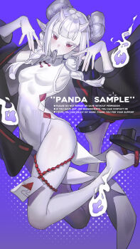  1girl absurdres black_kimono braid china_dress chinese_clothes chinese_commentary commentary_request daxiushan double_bun dress geta grey_hair grey_tongue hair_bun happi highres horns japanese_clothes kimono long_sleeves long_tongue looking_at_viewer oni open_clothes open_kimono original pelvic_curtain pointy_ears purple_background red_eyes solo thigh_strap tongue tongue_out twin_braids will-o'-the-wisp_(mythology) xiongmao_renjian 