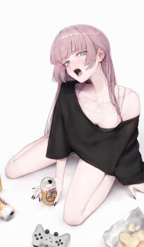  1girl absurdres beer_can black_nails black_shirt blue_eyes blush bra bra_strap breasts can chips_(food) collarbone commentary controller drink_can fangs food from_above game_controller gamepad hair_down haneyasume highres holding holding_can long_hair nail_polish nanakusa_nazuna_(yofukashi_no_uta) open_mouth oversized_clothes oversized_shirt pink_hair potato_chips shirt simple_background single_off_shoulder sitting solo t-shirt tongue underwear wariza white_background white_bra yofukashi_no_uta 