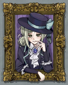  1girl absurdres ascot black_vest blue_bow boater_hat bow coat collared_shirt finger_to_mouth grey_background grey_eyes grey_hair grin hair_bun hand_up hashtag-only_commentary hat hat_bow highres joe_(joe_joe_t07) looking_at_viewer picture_frame purple_coat purple_hat reverse:1999 shirt short_hair single_side_bun smile solo upper_body vertin_(reverse:1999) vest waistcoat white_ascot white_shirt 