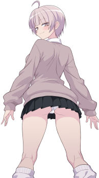  1girl ahoge arms_at_sides ass black_skirt blunt_bangs blush breasts closed_mouth commentary_request earrings from_behind from_below grey_eyes grey_hair grey_sweater highres jewelry kneehighs kneepits long_sleeves looking_at_viewer looking_back loose_socks medium_breasts miniskirt mole mole_under_eye original panties pantyshot pleated_skirt school_uniform short_hair simple_background skirt sleeves_past_wrists socks solo standing stud_earrings sweater trefoil underwear white_background white_panties white_socks zack_(haiuinndo) 