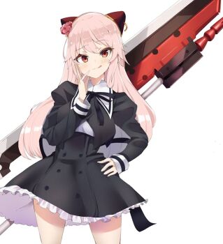  1girl animal_ears assault_lily black_ribbon black_skirt blush commentary_request commission cowboy_shot endou_araya fake_animal_ears hand_on_own_hip juliet_sleeves licking_lips long_hair long_sleeves looking_at_viewer pink_hair puffy_sleeves puritan_collar red_eyes ribbon simple_background skeb_commission skirt solo tongue tongue_out weapon weapon_on_back white_background yunekoko 