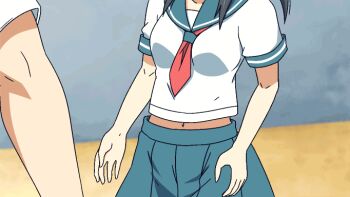  1boy 1girl animated animated_gif ass black_hair character_request copyright_request covering_crotch covering_privates crotch_kick cunt_punt defeat embarrassed face_down groin_attack groin_kick hands_on_another's_shoulders i-rabi kneeing kneeling loose_socks midriff navel necktie pain panties pleated_skirt ryona school_uniform skirt socks source_request underwear upskirt white_panties 