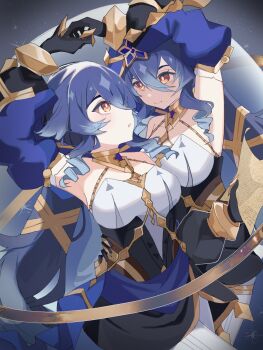 2girls bare_shoulders black_gloves blue_hair blue_hood blue_sleeves bracelet circlet commentary_request detached_sleeves drill_hair drill_sidelocks dual_persona genshin_impact gloves highres hood hood_up hug jewelry layla_(genshin_impact) long_hair looking_at_another looking_at_viewer multiple_girls nighttime_layla_(genshin_impact) pantyhose pointy_ears sidelocks tuyumiso very_long_hair white_pantyhose yellow_eyes