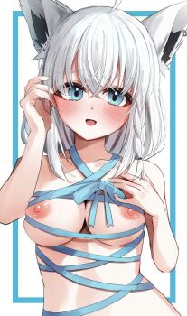  1girl ahoge animal_ear_fluff animal_ears aqua_eyes blush braid breasts collarbone commentary_request ear_piercing fox_ears fox_girl hair_between_eyes highres hololive looking_at_viewer mori_(pepekataokapepe) nipples nude open_mouth piercing ribbon shirakami_fubuki simple_background single_braid solo white_background white_hair 