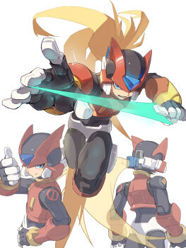  1boy absurdres adapted_costume android armor blonde_hair blue_eyes commentary_request cowboy_shot energy_sword forehead_jewel full_body helmet highres holding holding_sword holding_weapon mega_man_(series) mega_man_zero_(series) omochi_(mochi_skymega) red_armor red_helmet simple_background sword thumbs_up weapon white_background z_saber zero(z)_(mega_man) zero_(mega_man) 