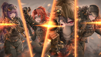  1other 4girls absurdres aiming aiming_at_viewer ammunition_pouch bandaid bandaid_on_face bandana bandana_over_mouth baseball_cap battle_rifle battlefield_(series) battlefield_6 belt_pouch black_hair blunt_bangs breasts brown-framed_eyewear brown-tinted_eyewear brown_bandana brown_hair brown_hat brown_jacket brown_pants bulletproof_vest carl_gustaf_recoilless_rifle carrying carrying_over_shoulder carrying_person chinese_commentary commentary_request cowboy_shot defibrillator ear_protection english_text fireman's_carry flashlight frost2042 goggles goggles_on_head green_eyes grin gun hair_tie hat headset high_ponytail highres holding holding_gun holding_weapon jacket large_breasts laser_sight lens_flare lifting_person light_particles load_bearing_vest long_hair magazine_(weapon) medium_hair military_uniform multicolored_hair multiple_girls on_one_knee open_mouth optical_sight original pants parody pda ponytail pouch purple_eyes purple_hair range_finder red_eyes rifle rocket_launcher scope sig_mcx sig_sauer smile smoke sniper_rifle split_screen streaked_hair suppressor tactical_clothes teeth tinted_eyewear trigger_discipline tripod upper_teeth_only walkie-talkie weapon xm2010 